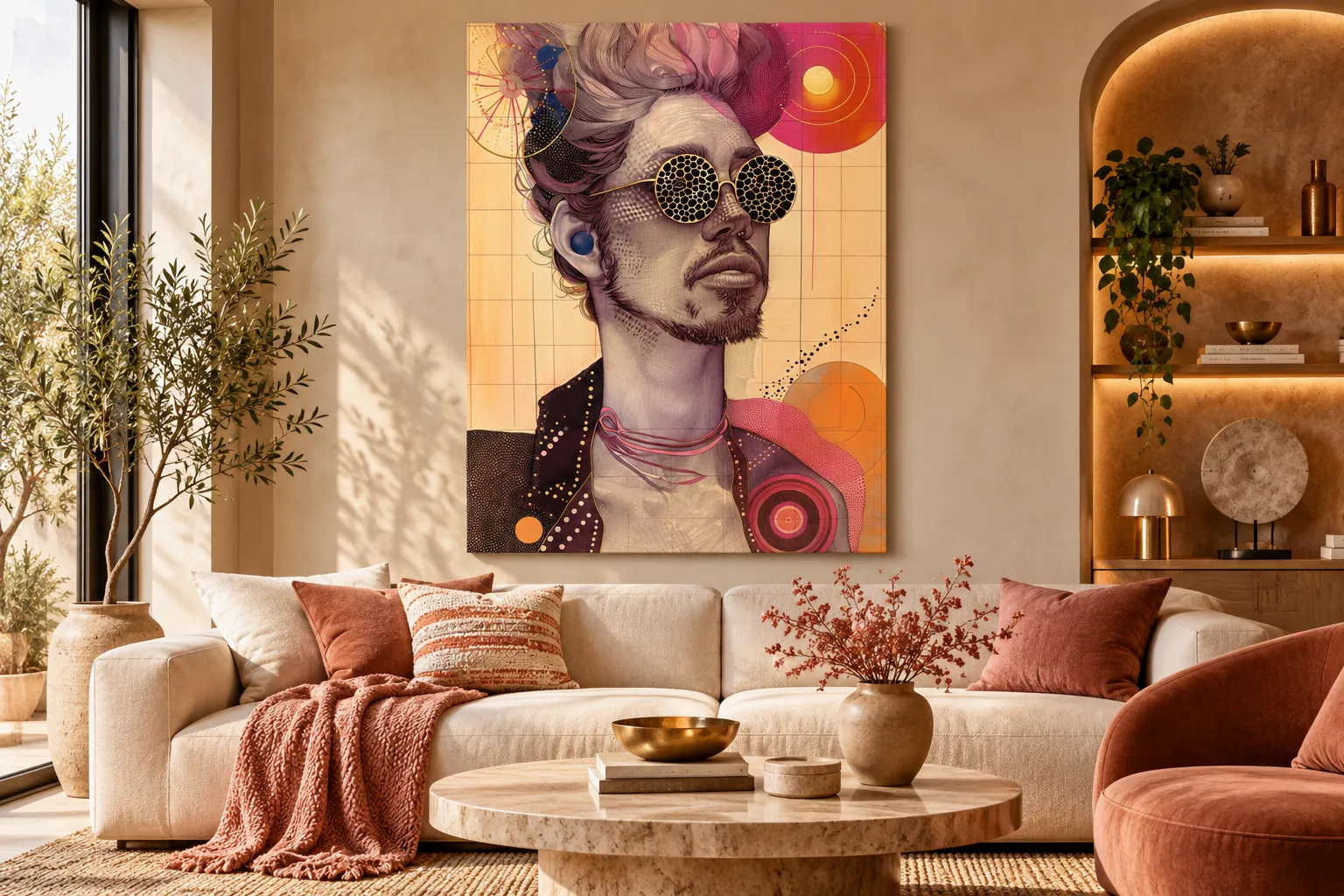 Ritratto visionario sospeso tra geometria, identità, energia e immaginazione cosmica.