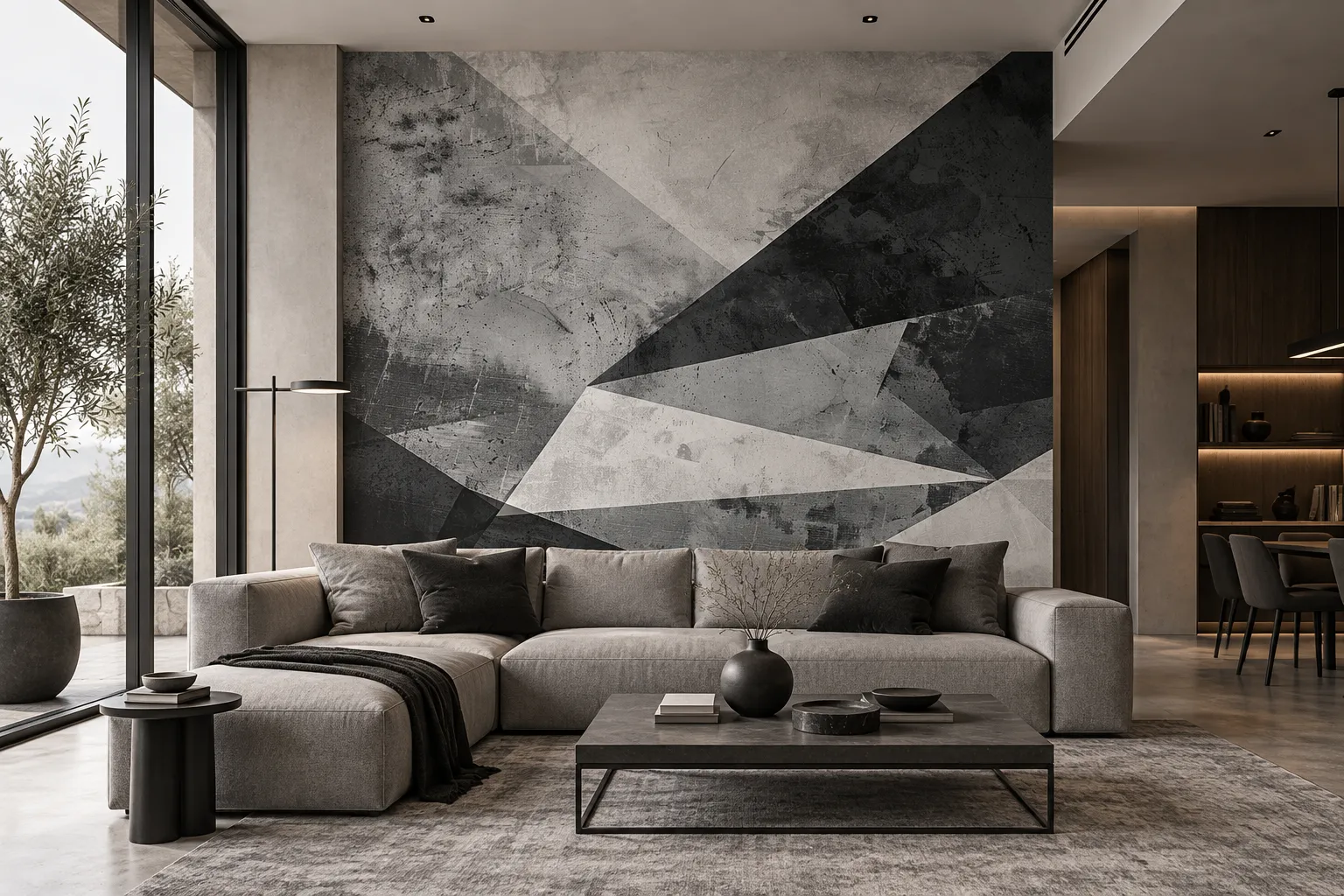 Geometrie materiche in bianco e nero donano eleganza contemporanea agli ambienti.